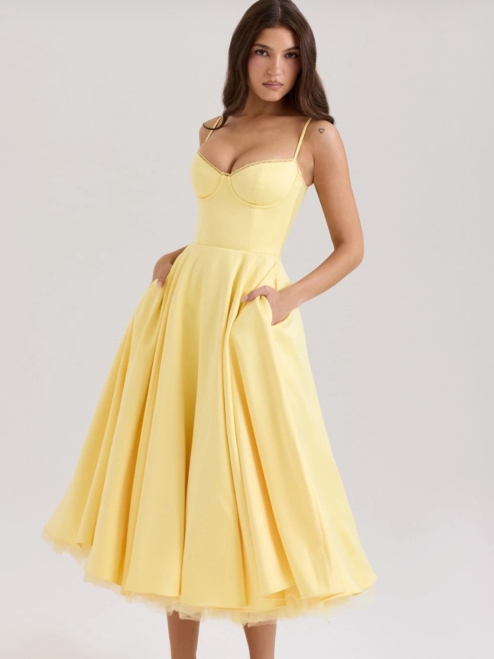 House of CB  “Mademoiselle” Sunshine Yellow Bustier A-line Midi Dress